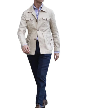 Mens Coats Safari Jacket Linen British Retro Gentry Suit Pockets Outerwear Fashion Solid Color Male Tops