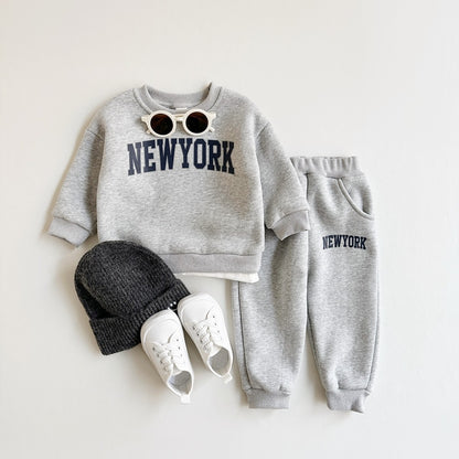 2 Peças Conjunto Roupa Bebê Meninos Meninas Estampa NewYork Top Esportivo Calça Terno Moletom Inverno Roupa Criança Recém-nascido Grosso