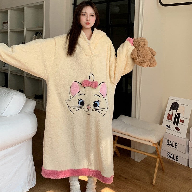 Camisola de Gatinha Marie da Disney Kawaii Desenho Animado Feminino Inverno Veludo Coral Longo Veludo Grosso Solto com Capuz Robe de Banho