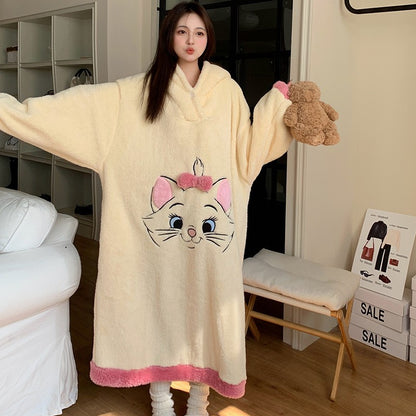Camisola de Gatinha Marie da Disney Kawaii Desenho Animado Feminino Inverno Veludo Coral Longo Veludo Grosso Solto com Capuz Robe de Banho