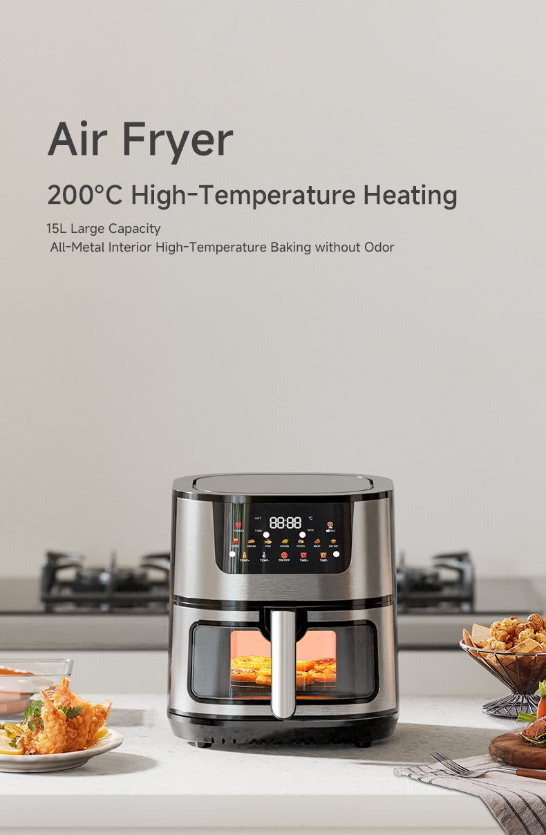 Large 15L Capacity Smart Home Appliances Stainless Steel French Air Fryer Machine Square-Shaped Visual Window Household