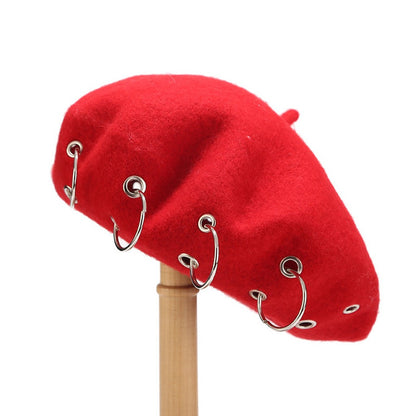 Fashion Winter Berets For Women girl Punk Rock Style Iron Rings Beret Caps Retro Wool Hats Black Woolen Painter Caps