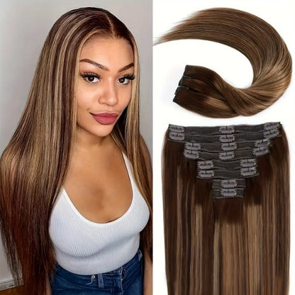 Aplique de Cabelo Humano Loiro com Grampo, Extensões de Cabelo com Grampo, 8 Peças, Trama Dupla, Pontas de Cabelo Humano #613