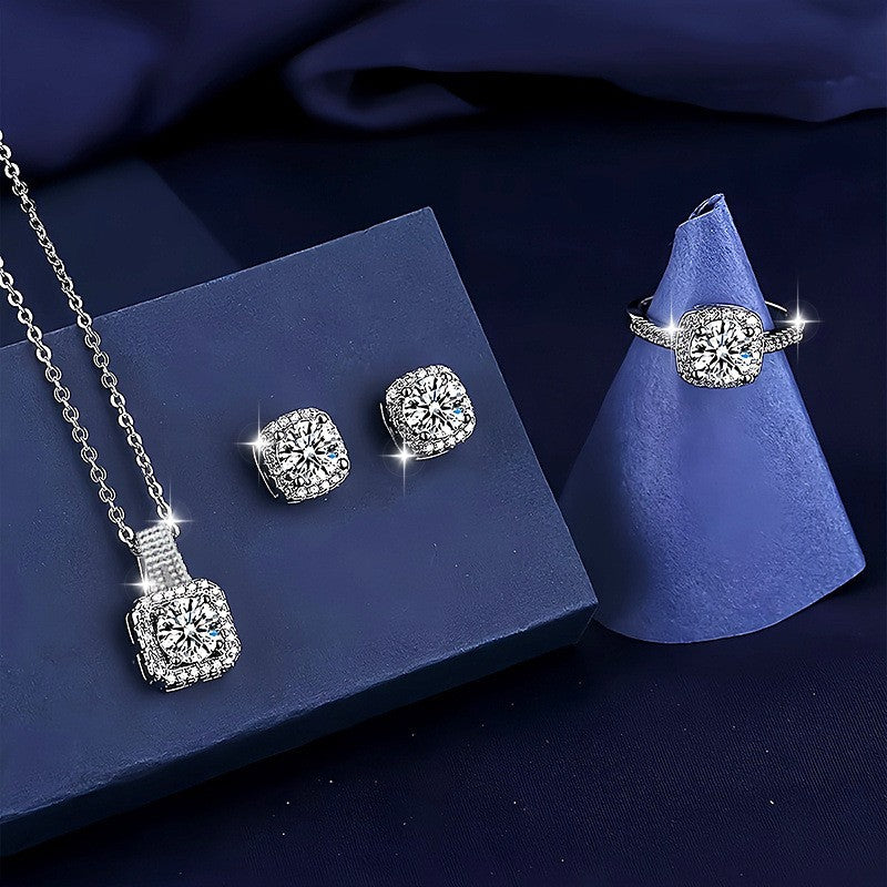 Conjunto 3 Peças Marca Luxo Brilhante Geométrico Quadrado Zircão Colar Brincos Anéis para Mulheres Conjunto Joias de Moda Charmoso Presente de Aniversário