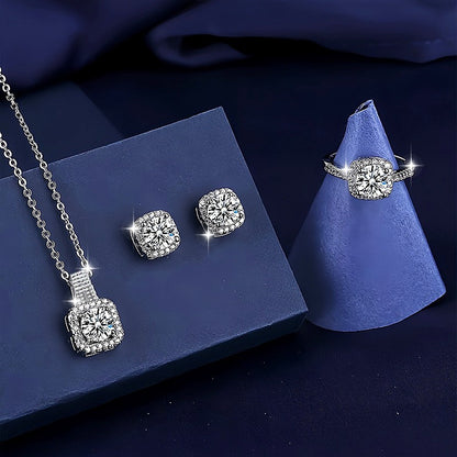 Conjunto 3 Peças Marca Luxo Brilhante Geométrico Quadrado Zircão Colar Brincos Anéis para Mulheres Conjunto Joias de Moda Charmoso Presente de Aniversário