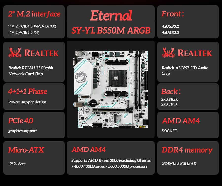 Placa-mãe gamer SOYO AMD B550M USB3.1 M.2 Nvme Sata3 DDR4 Dual Channel Suporta RYZEN R3 R5 R7 3000 4000 5000 CPU Socket AM4