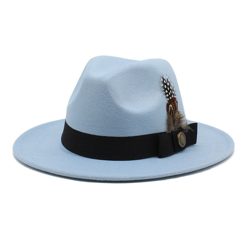 White Woolen Gentleman Classic British Jazz Feather Top Hat Wide Brim Party Church Wedding Fedora Hats Men Women Panama Felt Cap