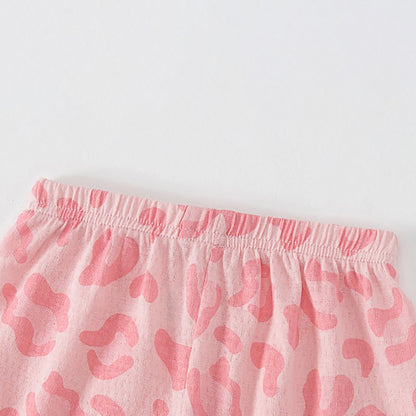 2Pcs 2025 Summer Kids Leopard Print Home Clothes Set Girls' Ice Silk Pajama Sets Baby Short Sleeve Shorts Tops Women' Loungewear