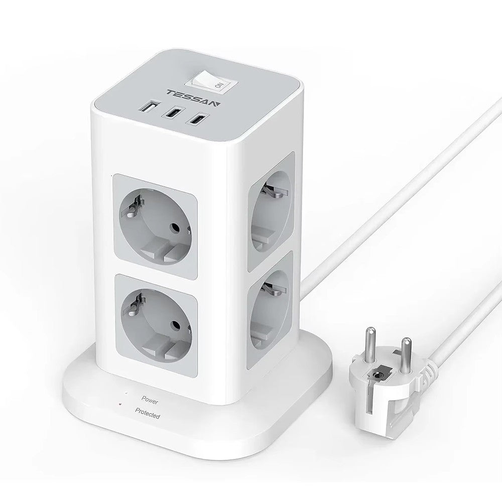 TESSAN Tower Power Strip Multi Outlets with USB A +1 Type C 2M Extension Cable EU Plug Vertical Electric Socket Surge Protection