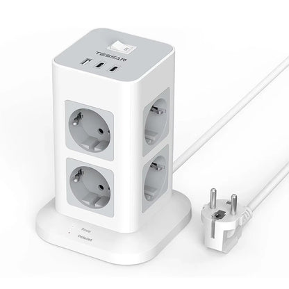 TESSAN Tower Power Strip Multi Outlets with USB A +1 Type C 2M Extension Cable EU Plug Vertical Electric Socket Surge Protection