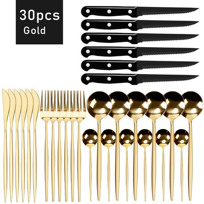 30pcs Black Dinnerware Set Stainless Steel Steak Knife Fork Coffee Spoon Teaspoon Flatware Dishwasher Safe Kitchen Tableware Set