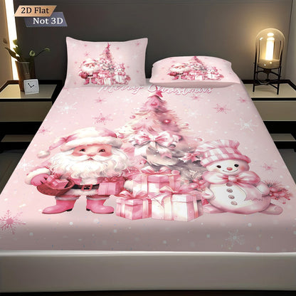 3pcs pink Christmas snowman print coreless bed sheet set multiple sizes bed covers bedroom bedding decorations machine washable