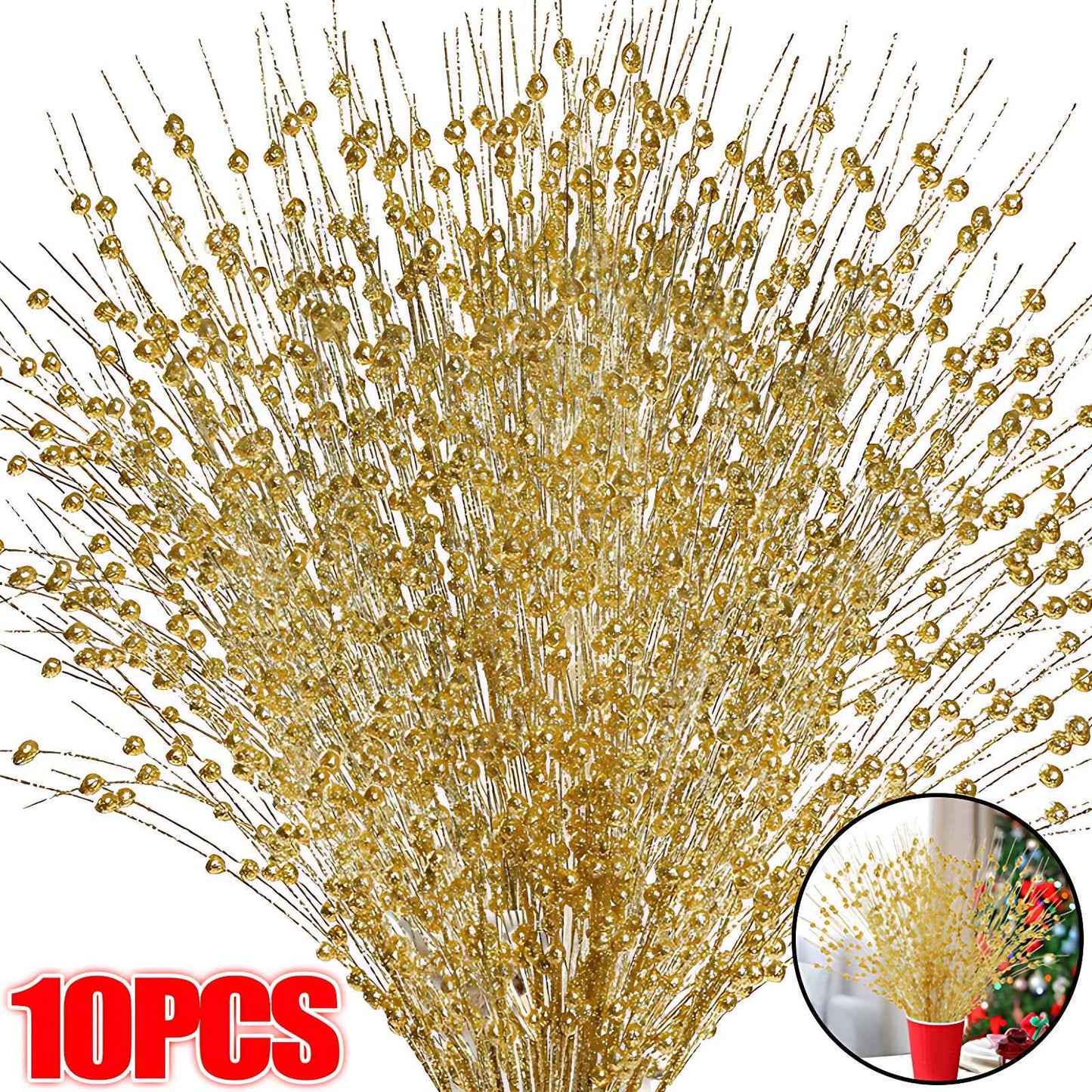 1-10pcs Gold Christmas Decorative Flash Artificial Berry Stem Decor for Christmas Tree DIY Wreath Fireplace Holiday Crafts Gifts
