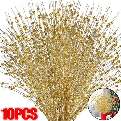 1-10pcs Gold Christmas Decorative Flash Artificial Berry Stem Decor for Christmas Tree DIY Wreath Fireplace Holiday Crafts Gifts