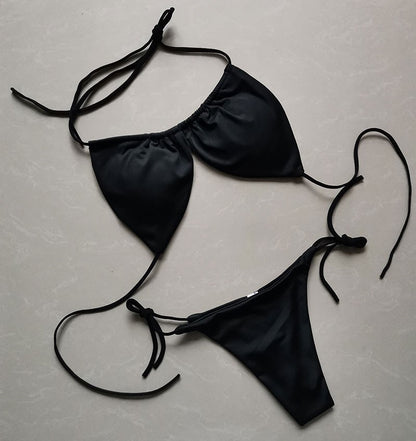 Summer Sexy Bikini set Push-up padded Bra Thong Split Swimwear Female Bandage Bathing Suit Adjustable Lacing Swimsuit Solid