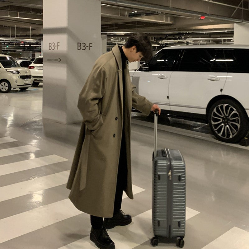 Winter Thickened Woolen Coat Men Warm Fashion Casual Long Woolen Coat Men Korean Loose Oversized Belt Woolen Coat Mens Overcoat