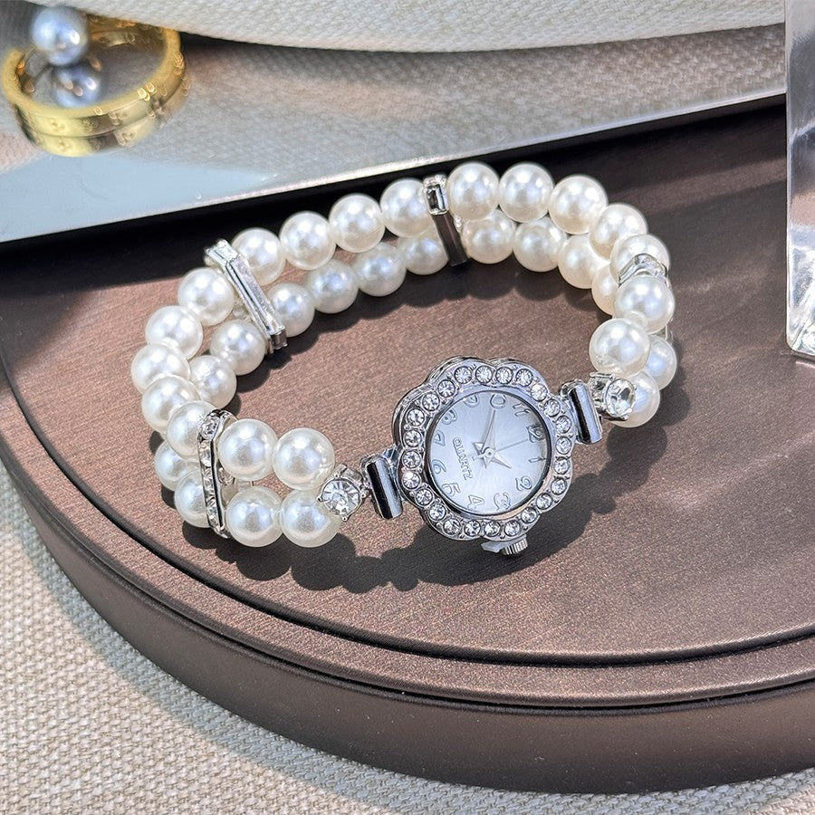 New ladies' double-row pearl diamond-encrusted elastic strap Arabic digital dial simple light luxury fashionable quartz watch