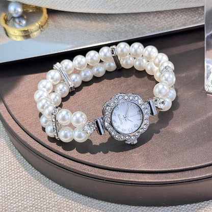 New ladies' double-row pearl diamond-encrusted elastic strap Arabic digital dial simple light luxury fashionable quartz watch
