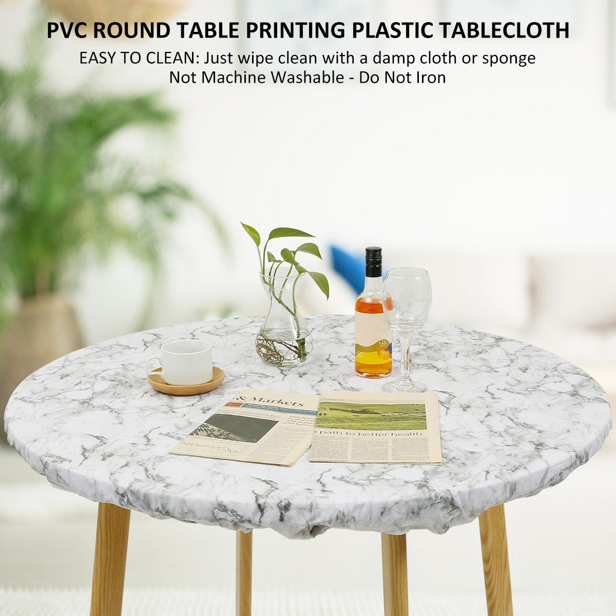 Waterproof Round Tablecloth Elastic Fixation Edged PVC Table Cover Flannel Backed Table Pad Oil-Proof for Dining Table Kitchen