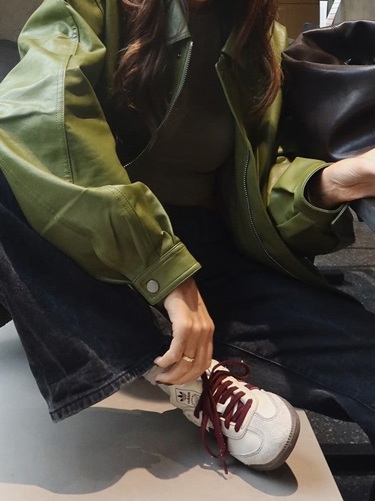 Olive Green Leather Jacket Coat Silhouette Vintage High Street Trend Zipper Lapel Short Overcoat Loose Casual Top Outwear Autumn