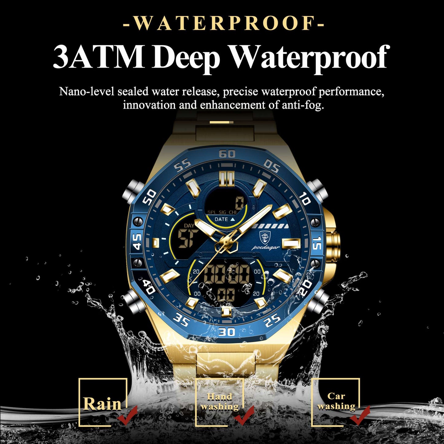 POEDAGAR Top Sport Men Clock LED Luminous Waterproof Week Date Man Watch Electronic Stainless Steel Fashion Quartz Men's Watches