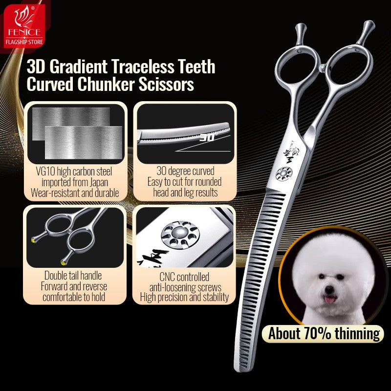 Fenice Tesoura para Tosar Pet Chunker Curva/Reta de 7.0 Polegadas com Dentes 3D Sem Marca de Aço VG10, Parafusos de Rolamento