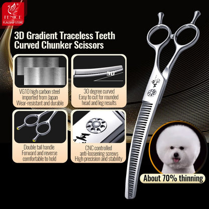 Fenice Tesoura para Tosar Pet Chunker Curva/Reta de 7.0 Polegadas com Dentes 3D Sem Marca de Aço VG10, Parafusos de Rolamento