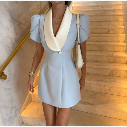 Fashion Solid Cinched-waist Mini Dress Women Elegant Lapel Full Sleeve V-neck A-line High Waist Dresses Lady Office Commute Gown
