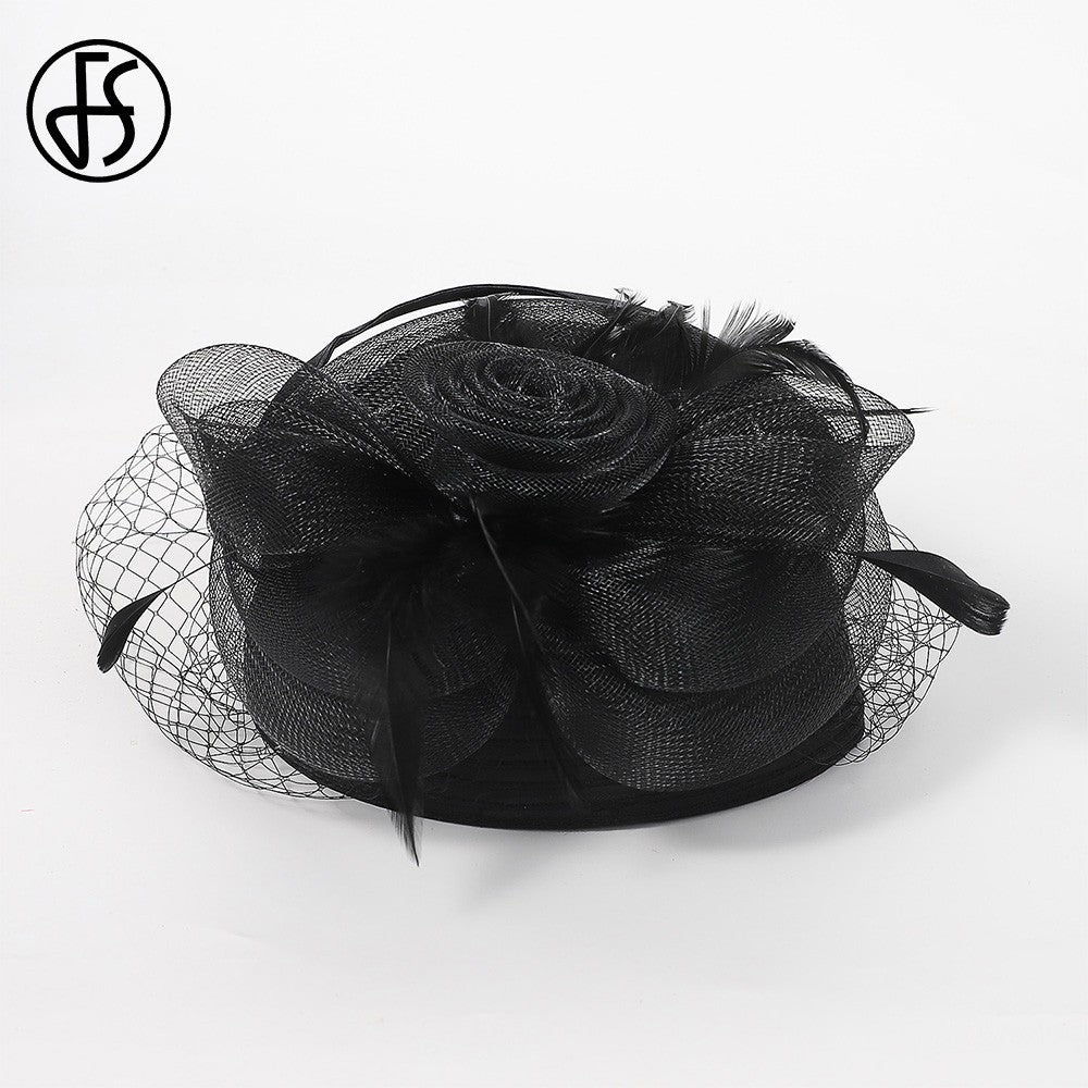 FS Casamento Igreja Chapéus Vermelhos Fascinadores Para Mulheres Com Véu de Pena Festa Coquetel Adorno de Cabeça 2025 Senhora Elegante Chapéu Kentucky Derby