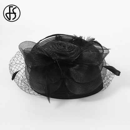 FS Casamento Igreja Chapéus Vermelhos Fascinadores Para Mulheres Com Véu de Pena Festa Coquetel Adorno de Cabeça 2025 Senhora Elegante Chapéu Kentucky Derby