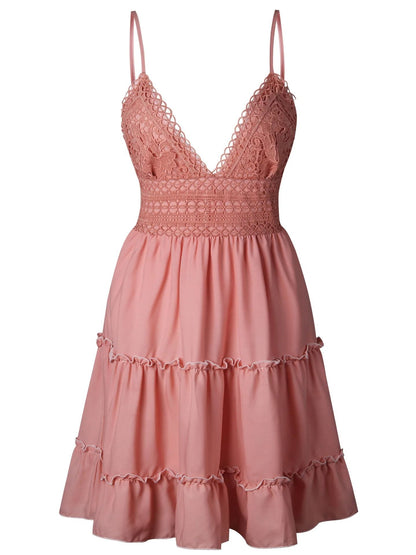 Female New Summer Fashionable Solid Color Dress Sexy Lace Strap Elegant Dresses Splicing Women's Seaside Vocation Wear