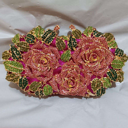 Luxury Women Pink Flower Clutch Bags Stone Evening Bags Bridal Rhinestone Handbags Wedding Clutches Bags Dinner Minaudiere Purse