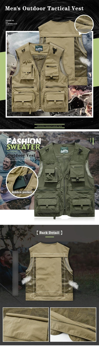 Colete Masculino de Malha com Vários Bolsos Secagem Rápida Sem Mangas Jaqueta Repórter Solto Casual Fino para Pesca Colete Masculino