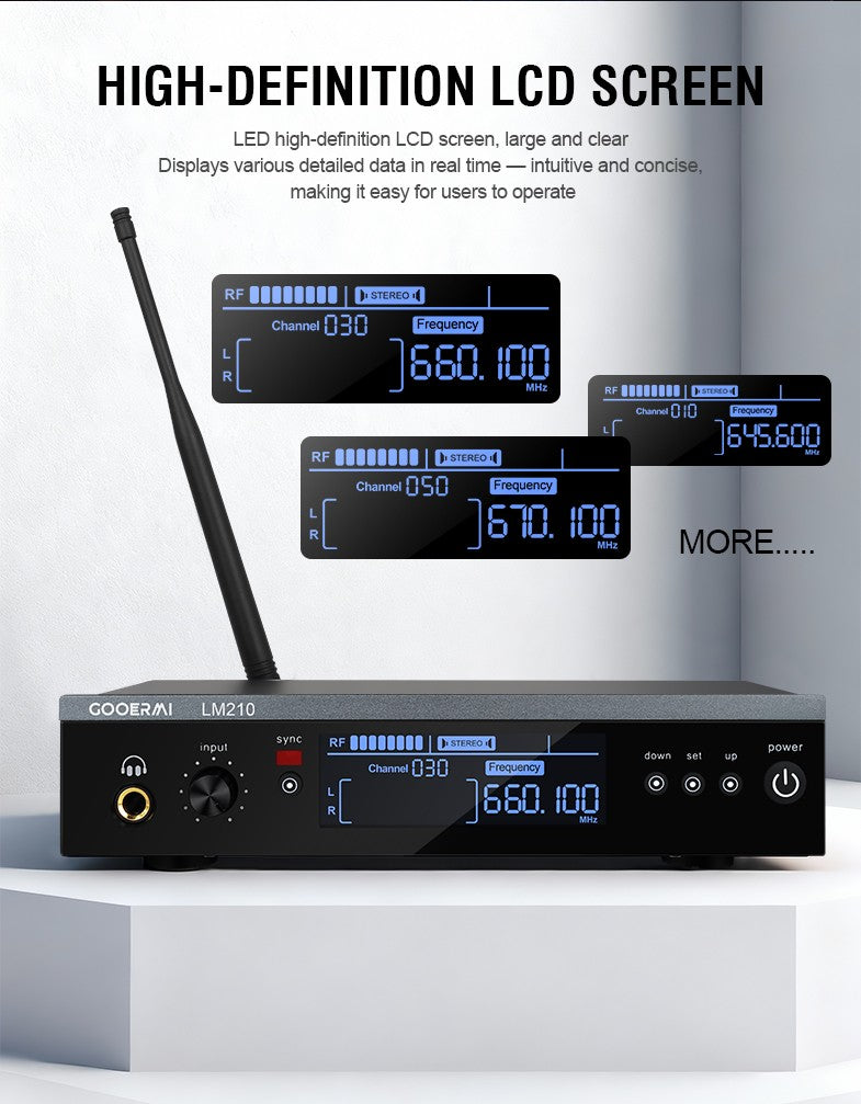 Sistema Sem Fio de Monitoramento Intra-Auricular UHF Gooermi LM210 Canal Estéreo Com Múltiplos Transmissores Para Pequenos Concertos e Home Theater