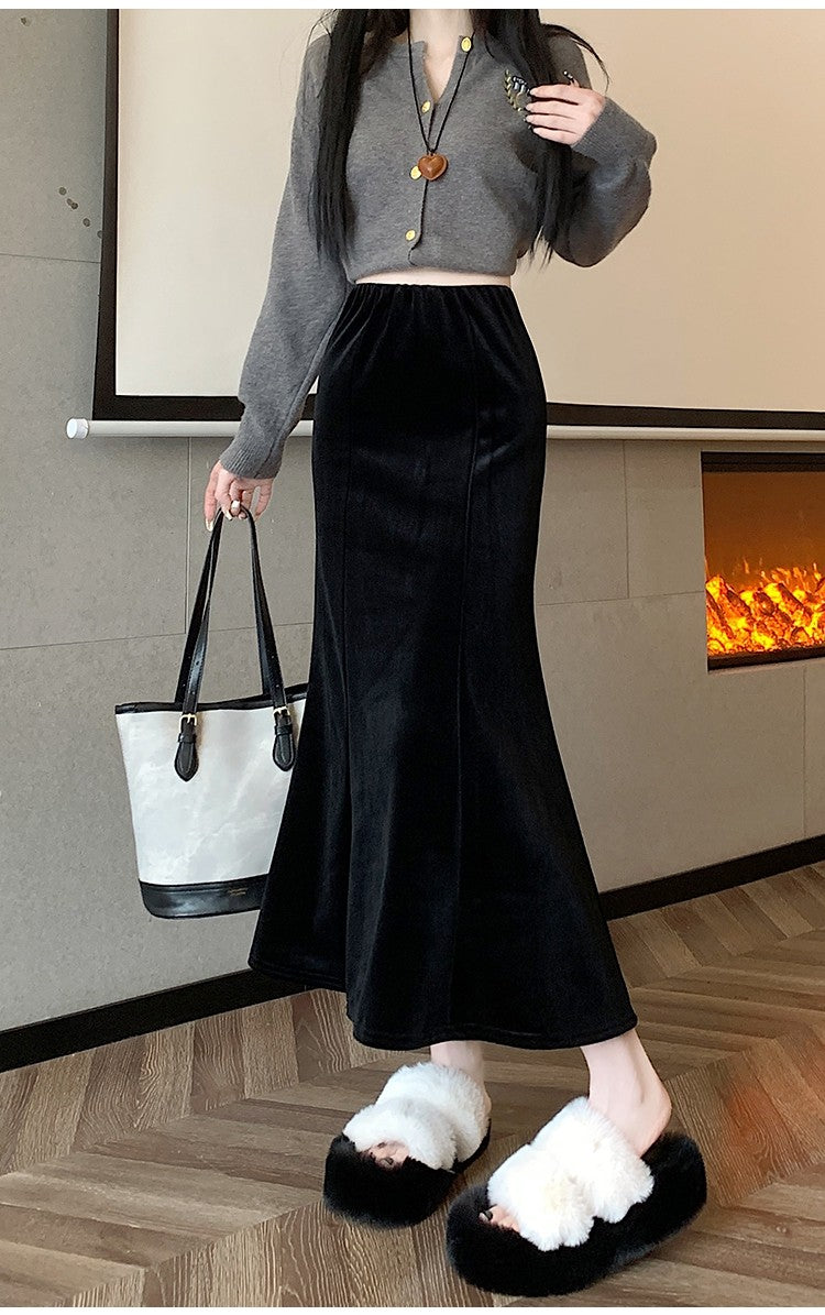 Elastic Velvet Long Black Skirts Women 2025 Casual Korean Fashion Y2k Clothes Mid Length Elegant High Waist Harajuku Maxi Skirt