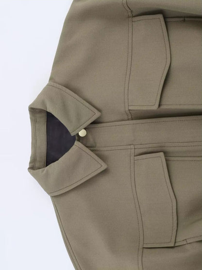 HH Woman Autumn Pleat Hem Pilot Jacket Solid Turn-Down Collar Zipper Single-Breasted Woman Fashion Long-Sleeved Pockets Coat