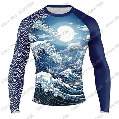 2025 The Great Wave Rash Guard Jiu Jitsu BJJ MMA T-shirt Compression Shirt Long Sleeve Surfing Jersey Beach Diving Tops Swimwear