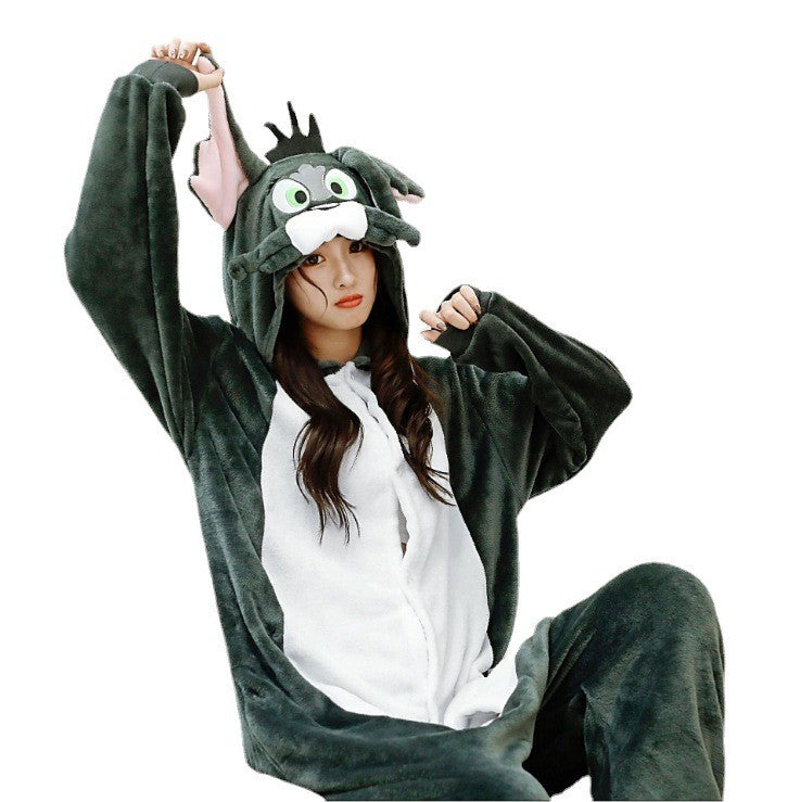 Flannel new cosplay animal grey Jerry mouse Tom cat jumpsuit pajamas cartoon animal Halloween party costume jumpsuit with hat pa