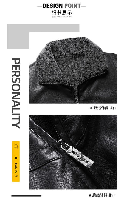 Leather Jacket Men Coats Autumn Fur Collar Luxury Fleece Black Oversized  6XL 7XL 8XL Plus Size Warm Winter Comfort High Quality