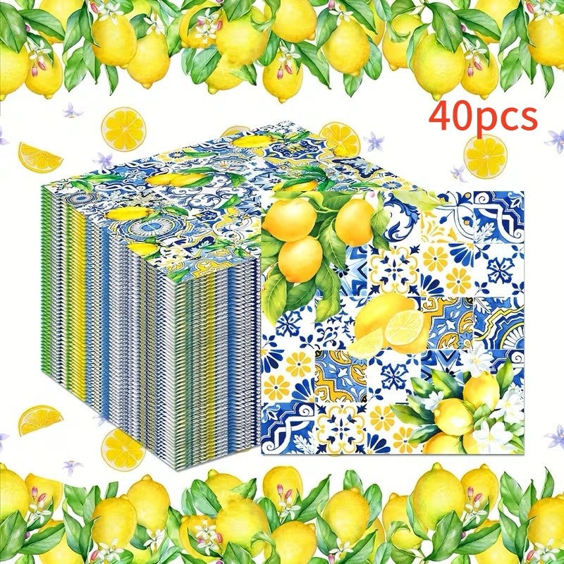 Mediterranean Lemon Blue Disposable Paper Napkins Citrus Floral Printed Table Decor Wedding Bridal Shower Garden Party Supplies