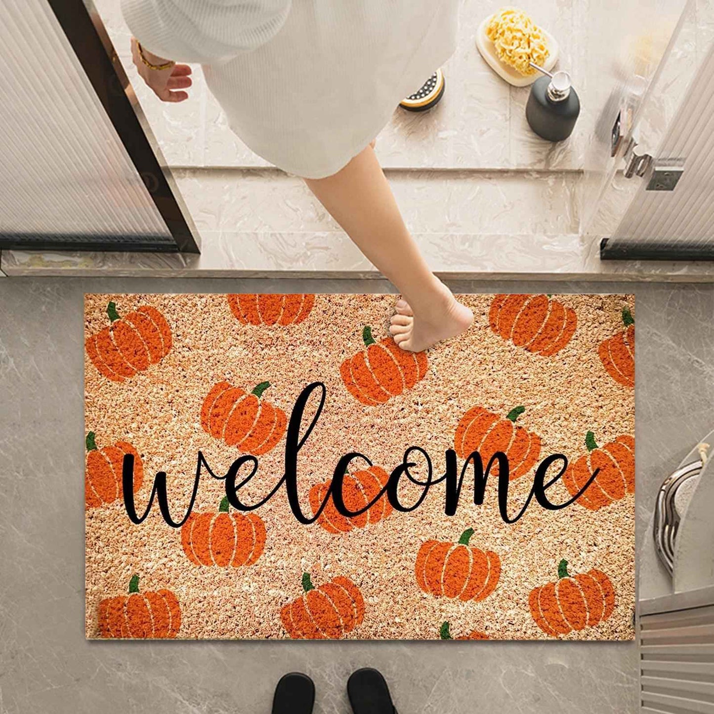 Non-Slip Pumpkin Welcome Mat, Fall Decor Outdoor Entrance Rug, Kitchen Bedroom Bathroom Living Room Autumn Halloween Decor