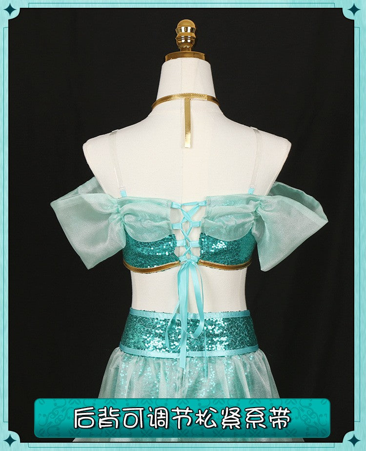 Aladdin Princess Jasmine Cosplay Costume Adult Green Sequined Off Shoulder Top Pants Skirt Set Halloween Party Dress