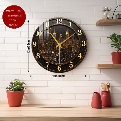 Tempered Glass Wall Clock Golden City Skyline At Night Suitable For Wall Decor or Tabletop Display Anywhere