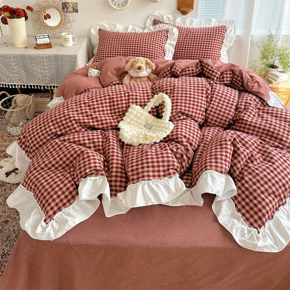 3pcs red,black plaid Duvet Cover Set (1*Duvet Cover + 2*Pillowcase, Without Core), Lace embroidery Bedding Set