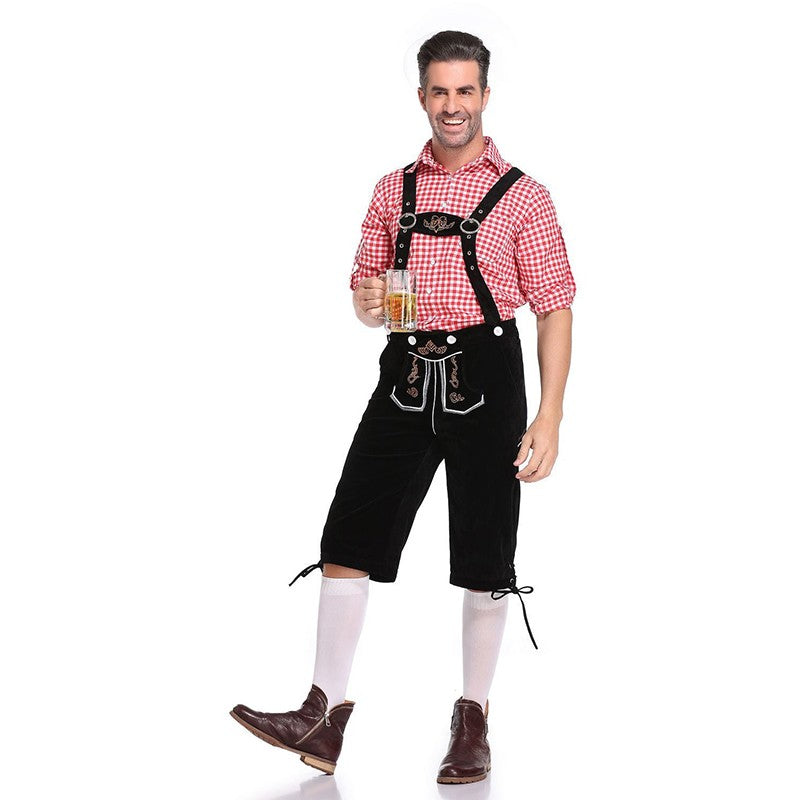 Germany Oktoberfest Costumes Adult Men Traditional Bavarian Beer Shorts Outfit Overalls Shirt Hat Suspenders Set Halloween Cloth