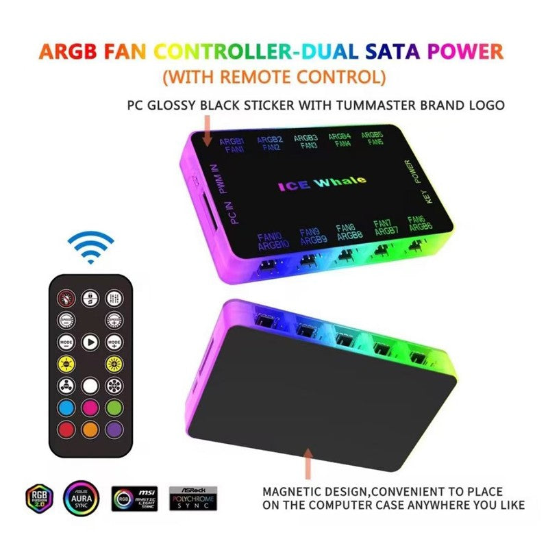 ICE Whale C10 1 to 10 PWM&ARGB Case Fan Hub Splitter 4Pin PWM 3Pin ARGB SATA Power Interface With Remote Control
