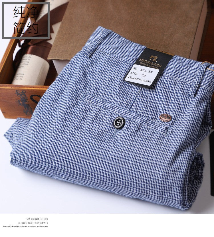 Summer Plaid Pants Men Slim Blue Suit Pants Men Stretch Business Formal Trousers Men