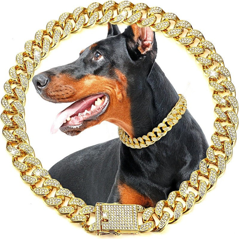 Coleira de corrente de cachorro de luxo dourada para animais de estimação, coleira de metal para cães pequenos, médios e grandes, gatos, joias e acessórios para animais de estimação