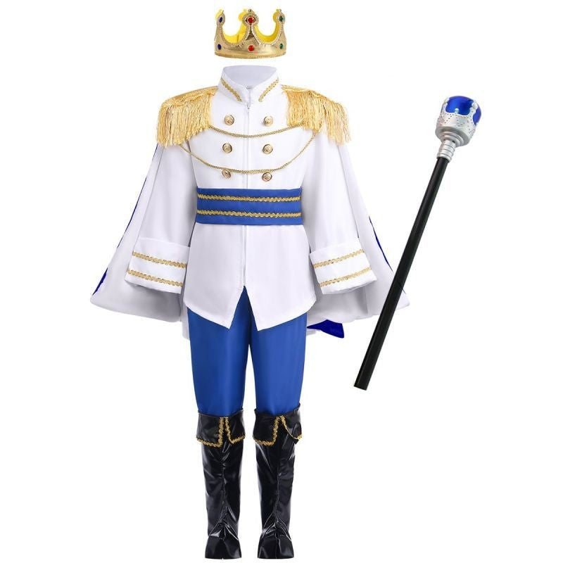 Medieval King Prince Red Blue 7 Piece Costume Set With Crown Scepter Cape For Royal Halloween Party Fancy Dress Performance