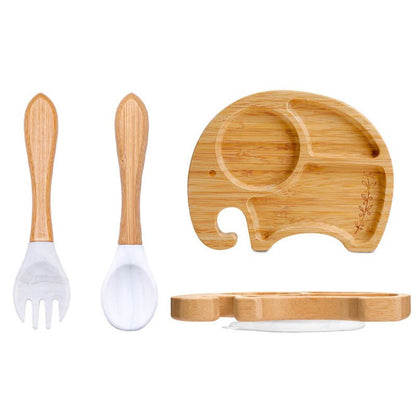 3Pcs Baby Bamboo Plate Silicone Suction Kids Wooden Feeding Tableware Non-slip Dinnerware Baby Tableware for Baby Birthday Gift